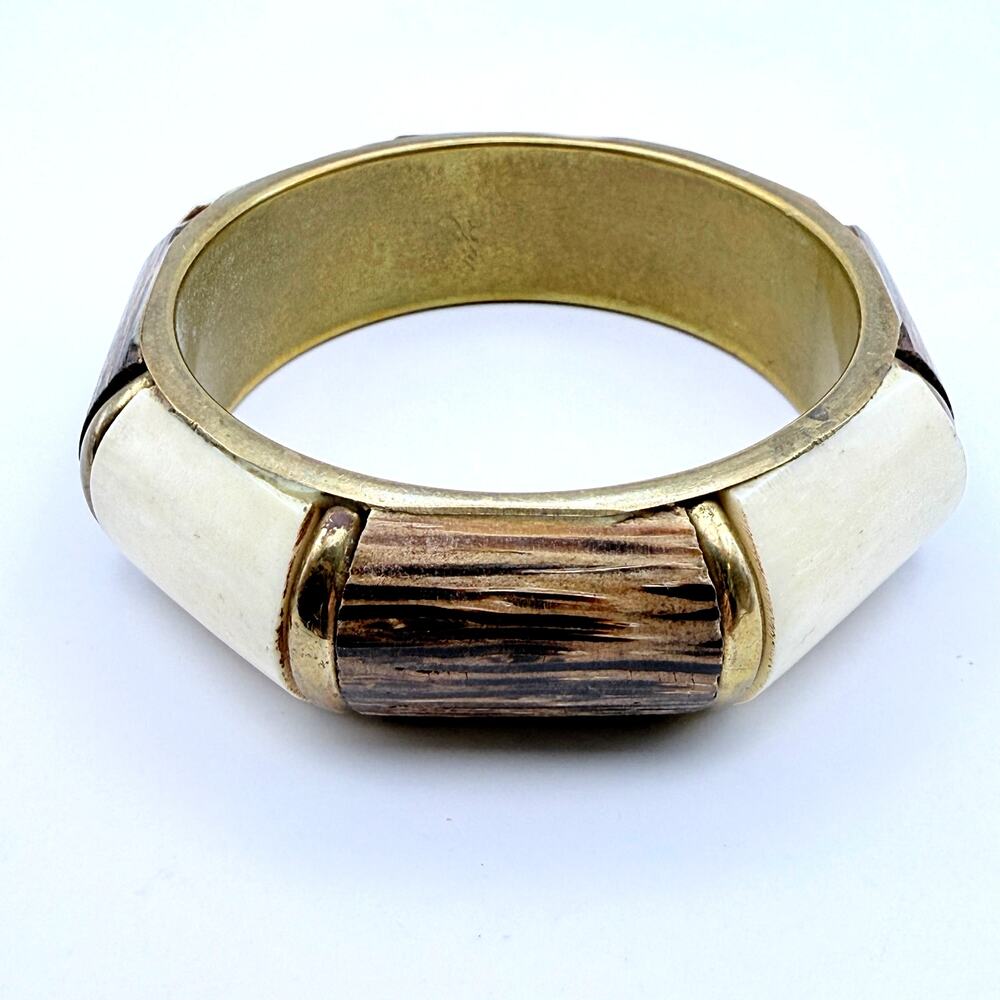Vintage Chunky Brass Wood Bone Inlay Bangle Bracelet Cream Brown Octagonal